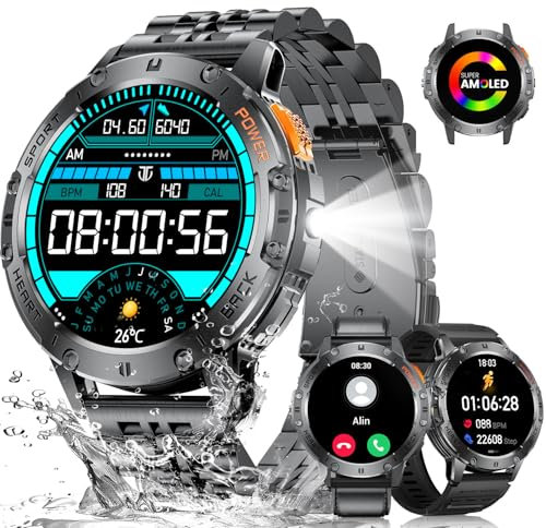LIGE Reloj Inteligente para Hombre Militar con 2 Correas, Llamada, Impermeable 5ATM, 1.96''HD Pantalla, 120+ Modos Deportivos 400mAh Batería Frecuencia Cardíaca Android iOS Smartwatch Hombre