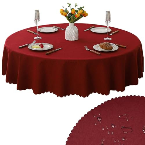 Tischdecke Rund 120 cm Wasserdicht Öldicht Tischdecke Abwaschbar Rund Polyester Fleckschutz Table Cloth für Esszimmer Garten Party Hochzeiten oder HaushalX (Rote Tischdecke)