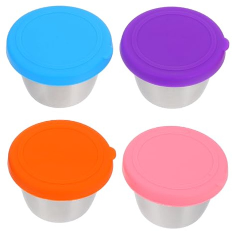 TOPBATHY Set 4 Contenitori per Salse in Acciaio Inox Coperchio, Bicchieri per Condimenti da 70 Ml, Piccoli Contenitori da Viaggio per Condimenti Insalata e Pranzi al Sacco, per Picnic e Barbecue