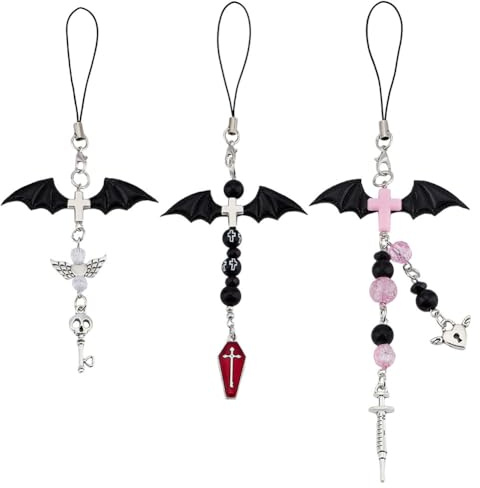 GOMAKERER 3 Pcs CelePhone Charms, Gothic Phone Lanyard String Mobile Phone Chain Straps Skeleton Bat Wings Cross Themed Cell Beads Pendant for Telephone Bag Keychain Camera Decor