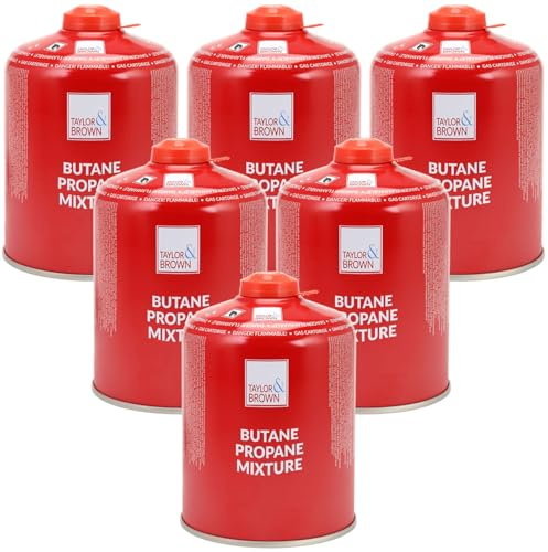 6 Pack 450g Butane-Propane Screw On Gas Canisters Gas Cartridge for Camping Stoves, Heaters & Lanterns | High Performance Propane-Butane Mix with Resealable Valve Cartridges | EN417 Gas Cartridge