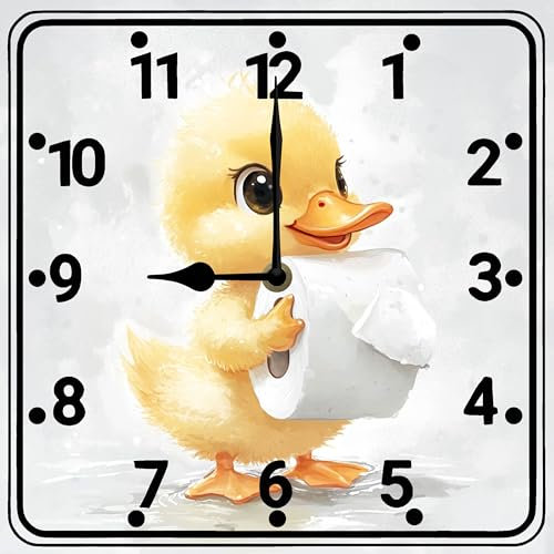 Geroclonup Duck Wall Clock Bathroom Wall Art 25cm Battery Operated Non-Ticking Wall Clock Decorative Battery Operated Toilet Wall Clocks for Home Washroom