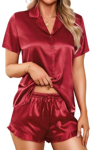 LUSLOVE Ensembles de Pyjama Femme Satin - Vêtements de Nuit Ete Haut à Manches Courtes et Short