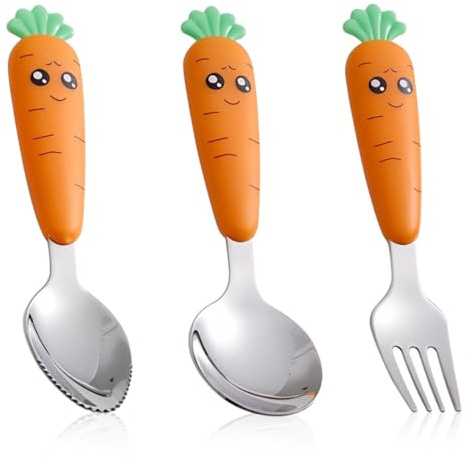XENQITO 3 Pièces Ensemble de Couverts pour Bébé, Fourchette Enfant, Couvert Enfant Inox, Bébé Toddler Ustensiles, Couverts Enfant avec un joli motif, Couverts Pour Enfants pour Bébé sans BPA