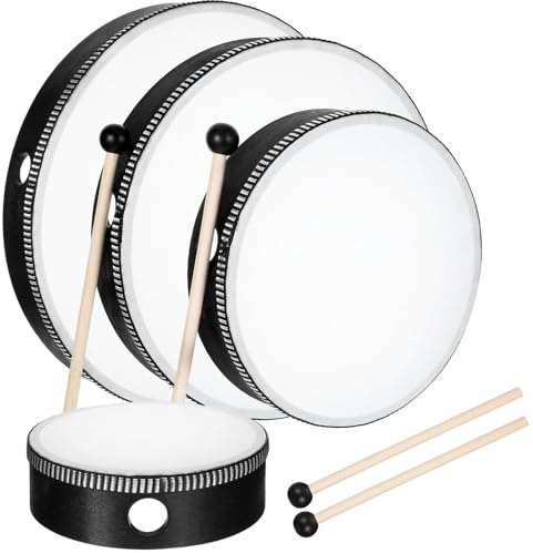 4 Pack Hand Drum Set, 6-12 Inch Wood Frame Percussion Instruments with Sticks for Beginners, Home Party Supplies