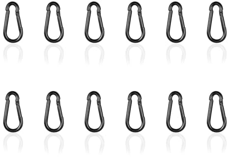 High-PQ 12PCS Heavy-Duty Carabiner Clips, 5CM Spring Snap Hook, Black | M5 Galvanised Steel Clips, 100KG Capacity, Ideal for Hammocks, Swings & Outdoor Travel