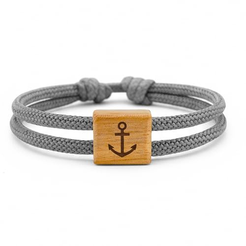 GIPFELWELLE Handgemachtes Segeltau Armband 4 mm, Holz mit Gravur, Paracord Makramee Armkette, Damen Herren, Anker 20-23 cm