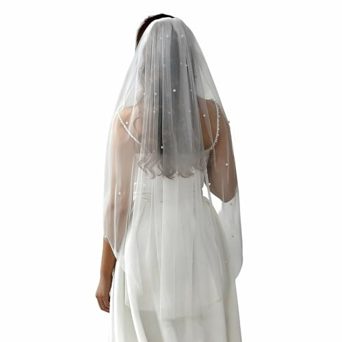 ANYUANKW Voile de Mariée Voile de Mariage en Perle Blanche 100cm Élégant Voiles de Mariée en Tulle avec Peigne pour Déguisements de Soirées Fête Halloween Bachelor Party