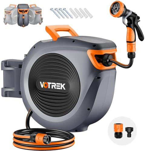 VOTREK Retractable Garden Hose Reel [1/2'' x 30m+2m], Wall Mounted Auto Reel with Slow Rewind System, Any Length Lock, 180° Swivel Bracket, 9-Mode Nozzle Hose Pipe for Watering Cleaning