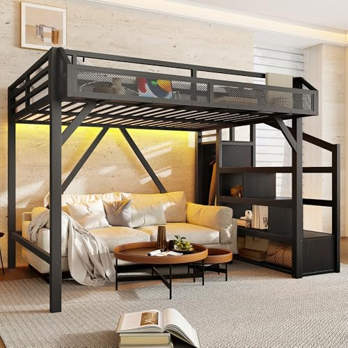 Bellemave Metal Full Size Loft Bed with Stairs and Wardrobe,Heavy Duty Loft Bed Frame with LED Lights and Charging Station for for Kids,Teens,Adults,Black Woodgrain