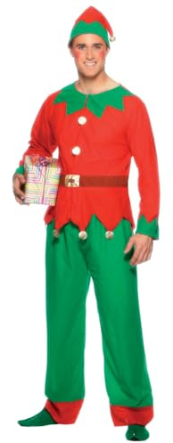 Smiffys Elf Costume for Men, Classic Red and Green Christmas Fancy Dress Outfit -Top, Trousers &Elf Hat, Festive Santa’s Helper Costume for Holiday Parties, Office Events & xmas Celebrations, Medium