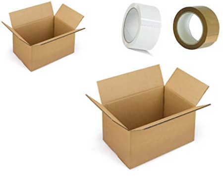 Kit mudanza 10 cajas de cartón medianas 40 x 30 x 30 cm Mono Onda + 5 cajas de cartón Grandes 60 x 40 x 40 cm Doble Onda con 1 cinta adhesiva de color blanco + 1 cinta habana