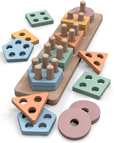 GOPO TOYS Montessori Toys for 1+ Year Old – Wooden Shape Sorter & Stacking Puzzle – Toddler Learning, Fine Motor Skills & Developmental Toy for Boys & Girls