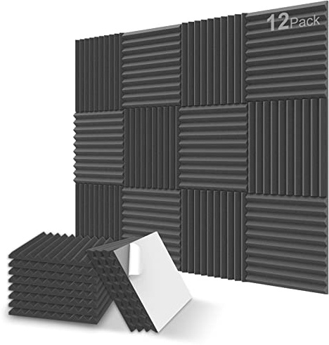 JBER 12 Pack - Charcoal Acoustic Panels Studio Foam Wedges 2.5 X 30 X 30cm/1 X 12 X 12 (12-Pack-Black, Self-Adhesive)