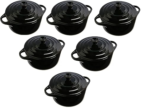 Lot de 6 Mini Cocottes Noires Céramique Double Poignées avec Couvercle 13,5cm x 8cm Contenance Moule 200ml Ramequin Résistant Haute Température Four pour Petits Plats (Noir, Lot de 6)