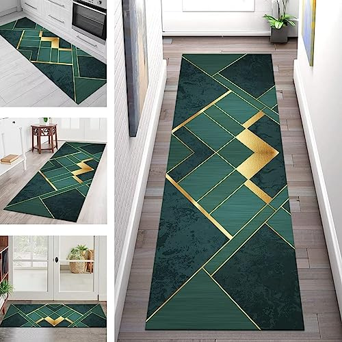 Teppich Läufer Lang Flur Küche rutschfest waschbar Korridor Tepiche Küchenläufer 90X200CM Grün Gold Teppichläufer Matte Meterware Kücheteppich Schlafzimmer Büro Wohnzimmer Flurmatten Breit 40-120cm