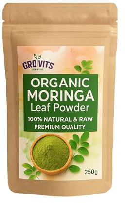 GRO VITS Moringa Powder 100% Natural Gluten-Free Superfood Improves Metabolism & Helps with Weight Loss - Pure & Raw 250g Moringa Leaf Powder