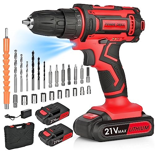 Solace Perceuse Visseuse Sans Fil - 21 V, 700 W, 2500 tr/min, 600 Nm, 2 Vitesses, LED, 2 Batteries 2,0 Ah, Couple 35 Nm, Rouge, 15x9x6 cm, Moteur Sans Balais, Couple Réglable, Pour Maison et Voiture