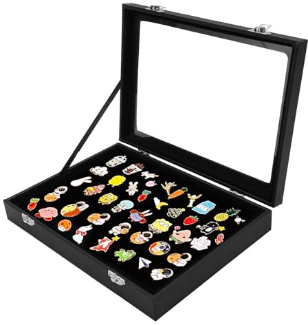 Pin Display Case Jewelry Display Case Sponge Lining Badge Display Box Dustproof Transparent Glass Lid Medal Collection Case with Locking Buckle 28*20*5cm/11.0*7.9*2.0in