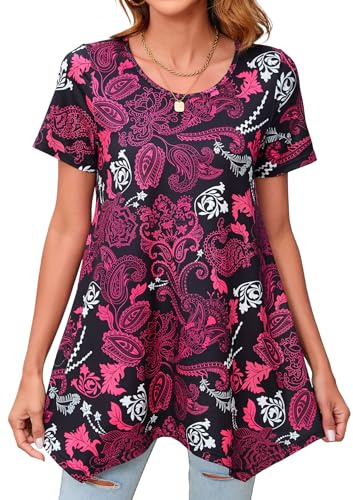 Enmain Tunic Tops for Women UK Ladies Short Sleeve Tunics Casual Summer Top for Leggings Longline Loose Blouses T Shirt Round Neck Black & Red S