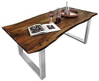 Bett11 SAM B-Ware Esstisch 120x80 cm Mundra, Baumkantentisch aus Akazienholz, massiv + nussbaumfarben, U-Metallgestell Silber, Esszimmertisch mit echter Baumkante
