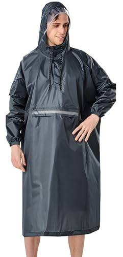 ANYOO Poncho de Pluie Imperméable Léger avec Manches Réglables, Cape de Pluie Portable avec Poche Multi-usage pour Femmes Hommes Randonnée en Plein air Cyclisme, Gris, Taille unique
