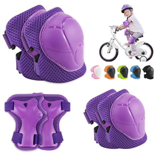 Kinder Schutzausrüstung Set Knieschützer,Kinder Knieschützer, Protektoren Kinder,mit Handgelenkschützern und Ellenbogenschoner,6 in 1 für ,Skateboard,Inlineskates,Hoverboard,Fahrrad(Lila)