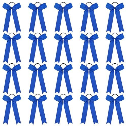 CEELGON 20 PCS College Style Cheer Bows - Collegiate Long Tail Skinny Cheer Bow Elastic Hair Ties for Teens Girls Softball Competition Sports Cheerleaders (Royal Blue)