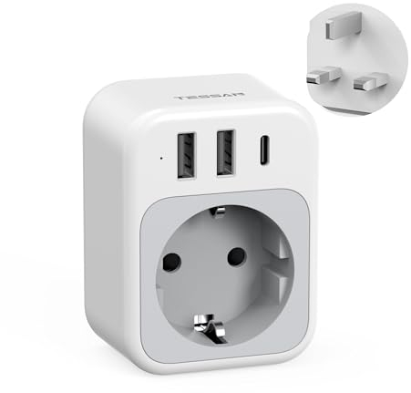 TESSAN Adapter England Deutschland Stecker, UK Adapter mit 1 USB C und 2 USB A, Reiseadapter UK Tragbare, Steckdosenadapter Stromadapter für London Schottland Malediven Malta, Reisestecker Typ G