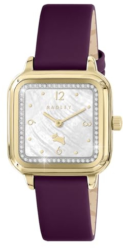 RADLEY Womens Gold Plated Deep Purple Leather Strap Square Analogue Quartz Watch