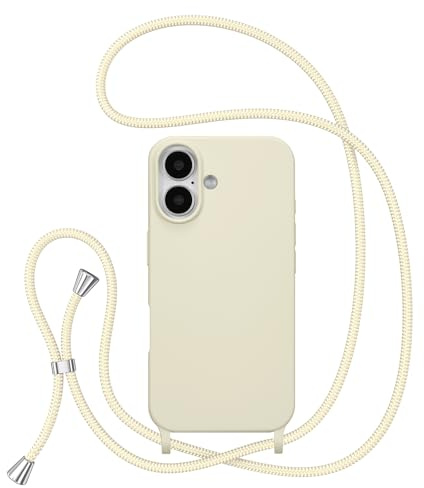 ZTOFERA Mobiltelefonkedja fodral kompatibelt med iPhone 16, flytande silikon mobiltelefonfodral med halsband, skyddsfodral med band för upphängning, halsband, beige