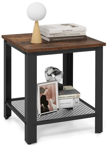 COSTWAY Sofa Side Table, 2-Tier Industrial Narrow Nightstand Bedside End Table with Mesh Storage Shelf, Metal Frame Wooden Accent Tea Table for Small Space, Living Room and Bedroom, 40x40x45cm