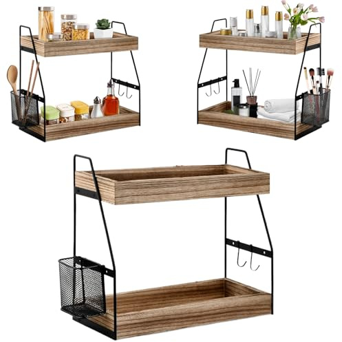 2 Niveaux Etagere a Epices, 35,5x17x33cm, Organisateur de Bureau avec Panier Suspendu et 2 Crochets, Meuble Etagere Rangement Placard Cuisine Porte Epices, Plan de Travail Bois Salle Manger Bains