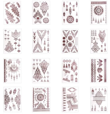 lasuroa Lot de 16 Tatouages Temporaires au Henné pour Adultes, Imperméables Motif Mandala Fleurs le Corps Bras et Mains pour les Événements Estivaux Mariages les Fêtes Prénuptiales