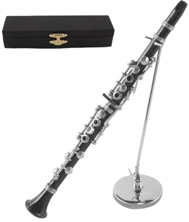 Enwye Clarinette Basse Miniature 16 cm, échelle 1/6, en Vinyle Noir, métal, décoration Cadeau d'anniversaire, Broche avec étui Noir et Support