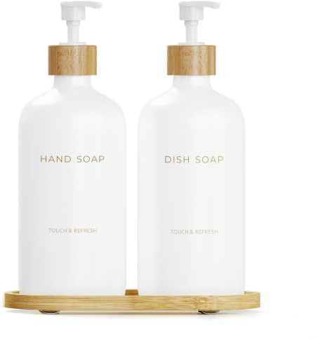 Soap Dispenser Set with Tray - Hand and Dish Soap Dispenser for Kitchen - Bamboo Pump Bottles for Kitchen Sink,Modern Kitchen Decor & Accessories. (White)