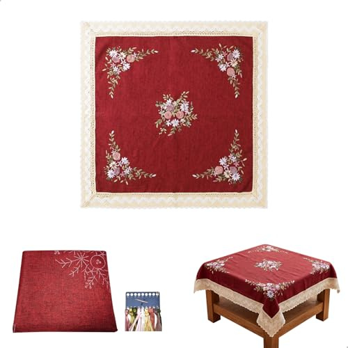 Kit Bordado Principiantes, Mantel Mesa con Patrón Floral Rústico, Set de Bordado DIY Punto de Cruz Hecho a Mano, Delicado Diseño de Encaje de Punto, Juego de Bordado con Plantilla, 90 x 90 cm, Rojo