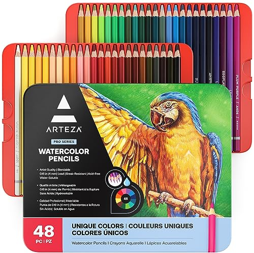 ARTEZA Watercolor Pencils Set of 48 Water-Soluble Colored Pencils for Blending, Layering, Painting, Lightfast Pigments with Soft Cores in Tin Case, Art Supplies for Adults, Artists, Holiday Gift Set