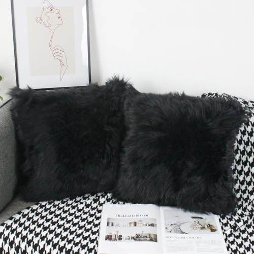 OYIMUA Set di 2 federe decorative morbide in pelliccia di agnello sintetico a pelo lungo, per divano (nero, 50 x 50 cm)