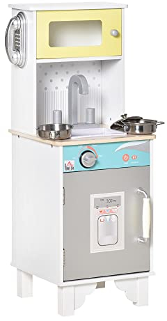 HOMCOM Cocina de Juguete de Madera para Niños de +3 Años Cocinita Infantil con Accesorios Teléfono Simulado Dispensador de Agua y Armarios 32x30x79 cm Blanco