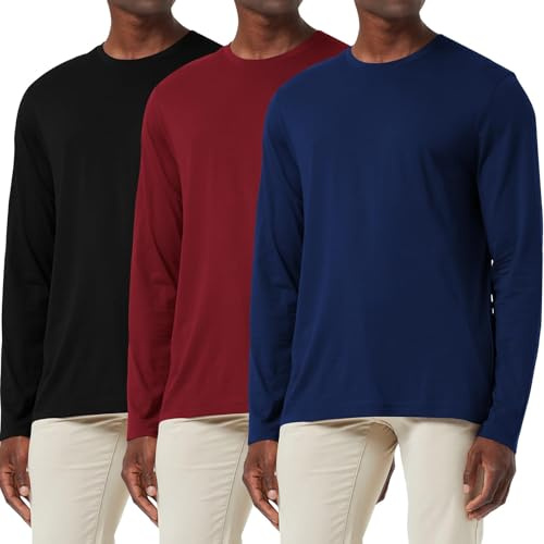 3-Pack Herren Baumwollhemd Loose Fit Langarm T-Shirt Feuchtigkeitsableitend Rundhalsshirts Komfort Casual Base Layer Tops Schwarz/Marine/Rot-3P03-M