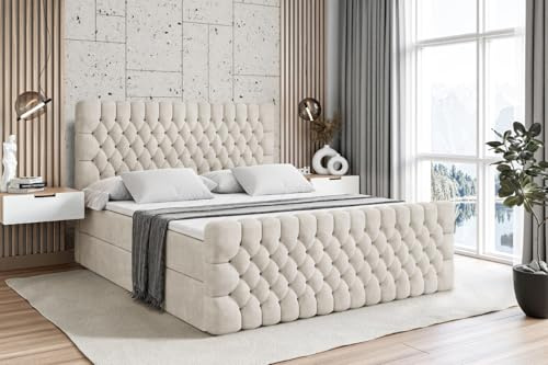 ALTDECOR Boxspringbett mit Matratze und Lattenrost, Boxbett, Topper, Fußteil, Polsterbett mit Bettkasten, Bett mit Stauraum H4-Matratze, Doppelbett, Springboxbett -Serene-Z - 180x200 Beige Samt