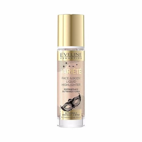 Eveline Cosmetics Varit Flüssiger Highlighter für Gesicht und Körper - Nr. 01 Champagne Gold | Vielseitige Formel für Wangen, Augen, Lippen & Körper | Angereichert mit Vitamin C & Iris-Extrakt
