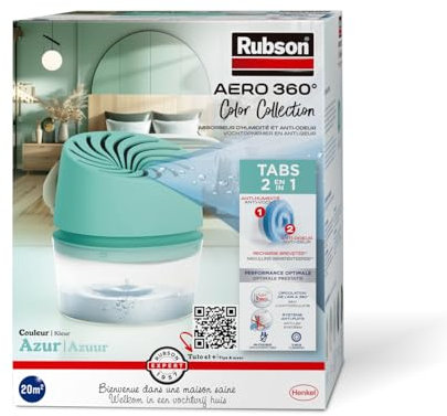 Rubson Absorbeur d'Humidité Aero 360 Couleur Azur (1 appareil Plus 1 recharge de 450 g) – Absorbeur anti-humidité pour pièce jusqu'à 20 m² – Déshumidificateur d'air anti-odeur et anti-moisissure