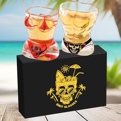 Homme Musclé & Bikini Lot de 2 Verres à Shot en Verre avec Motif Tête de Mort Logo, 30 ml, Verres à Shot pour Whisky, Tequila, Vodka, Brandy, Durables et Réutilisables pour La Maison, Les Bars et Fête