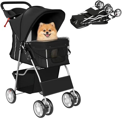 PawHut Passeggino per Cani Taglia Piccola Pieghevole, Carrozzina per Gatti 10kg Girevole 360°, Freni, Strisce Riflettenti, Finestre Rete, Cestino Portaoggetti, Cuscino Lavabile, Portabicchieri, Nero