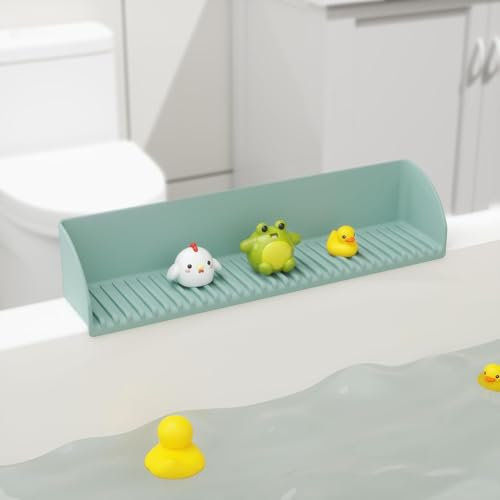 Bathtub Splash Guard for Tub - Silicone Tub Water Splash Guard with 4 Suction Cups, Bath Toy Holder, Tub Play Shelf for Kids, Bathtub Side Splash Guard Tray, Toddler Bathroom Essentials, 1Pack,Green