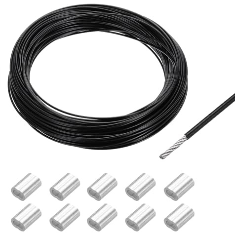 QUARKZMAN 98 Pies (30 M) Cable De Acero Inoxidable 304 1/16 (1.5 Mm) Recubierto De Vinilo Con 10pcs De Manguitos De Aluminio Para Colgar Tendales, Elevación, Negro