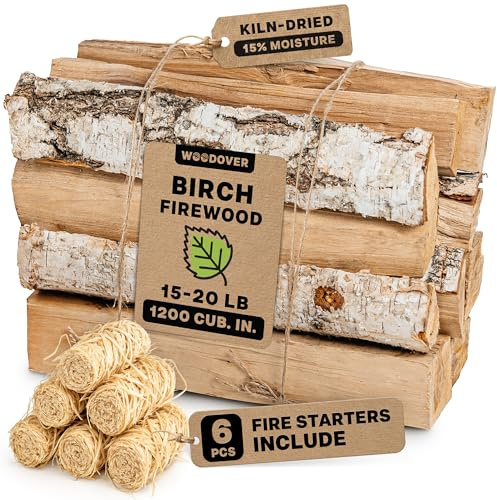 15 Birch Firewood Logs with Fire Starters Set – 1200 cub. in, 15–20 lb | Kiln-Dried & Seasoned Hardwood for Fire Pit, Fireplace | Bright Flames & Pleasant Aroma for Cozy Atmosphere