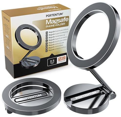 PORTENTUM Soporte Movil Coche Magsafe Plegable – con Potente Iman (20x N52) y Rotación 360° – para Salpicadero Oficina u Otras Superficies - Dark Grey